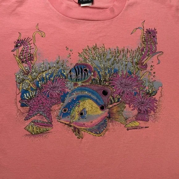 Vintage 1994 Diamond Dust Fish Coral Tee M Single Stitch USA Made Glitter Ink - Picture 5 of 10
